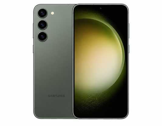 Green Samsung Galaxy S23+ 5G smartphone showing front and back