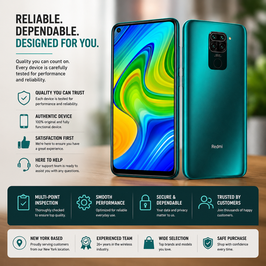 Xiaomi Redmi Note 9 forest green smartphone, front and back views