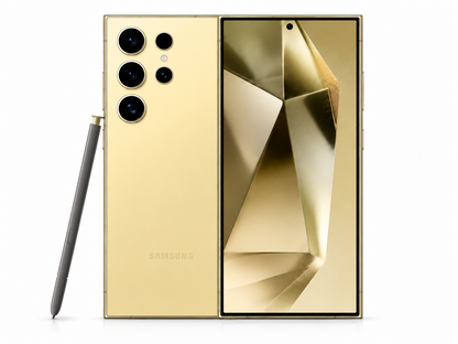 Samsung Galaxy S24 Ultra Titanium Yellow smartphone with S Pen, front display and rear camera cluster.