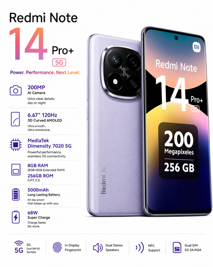 Xiaomi Redmi Note 14 Pro Plus 5G 256GB ROM 8GB RAM Dual SIM GSM Unlocked - Lavender Purple