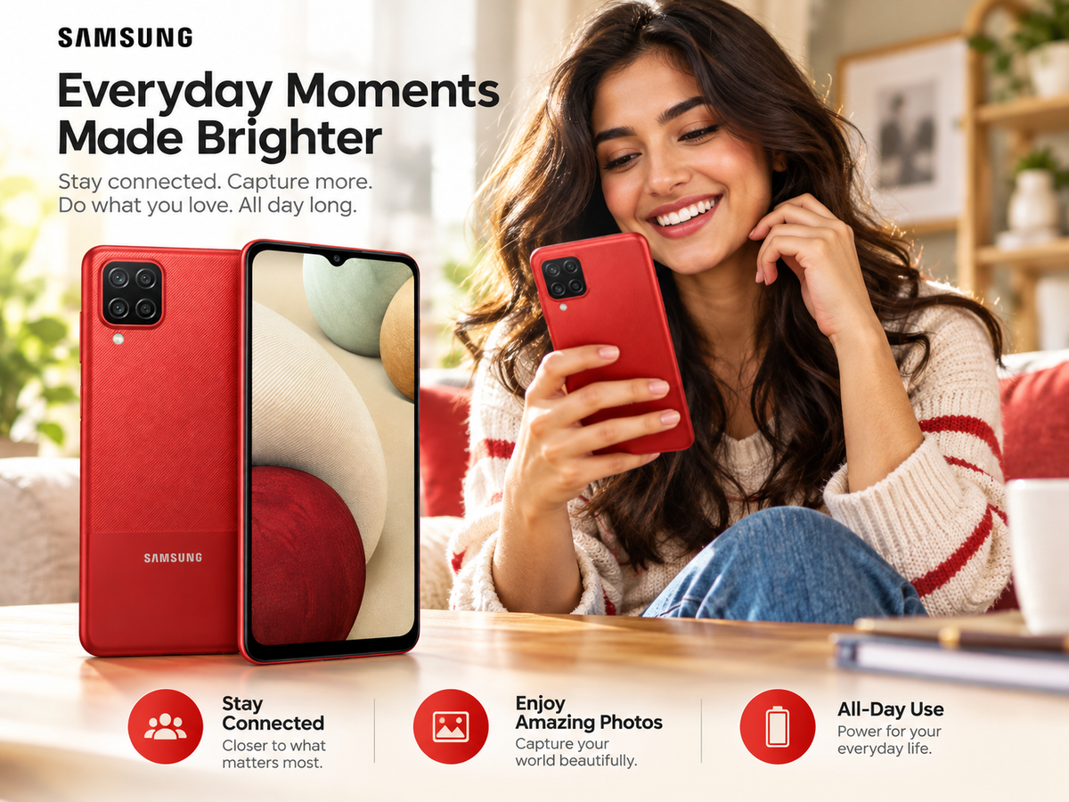 Red Samsung Galaxy A12 smartphone held in hand with front display visible