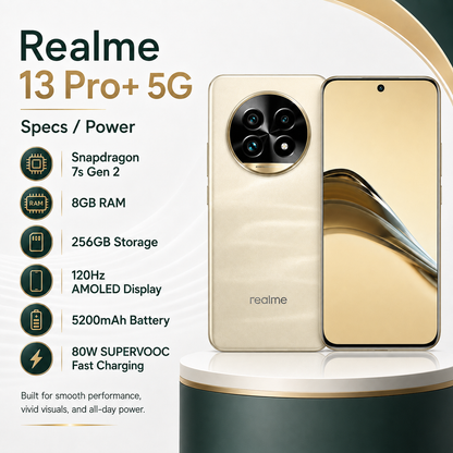 Realme 13 Pro Plus 5G Gold smartphone front and back on stand, dual rear cameras and curved display shown