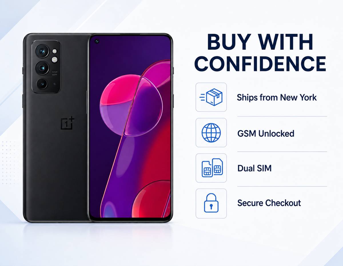 Black OnePlus 9RT 5G smartphone with front screen and triple rear camera module
