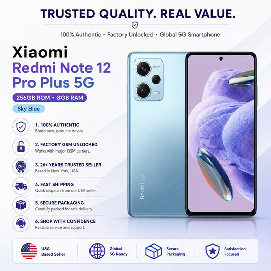 Sky Blue smartphone front and back shown side by side on a promotional card