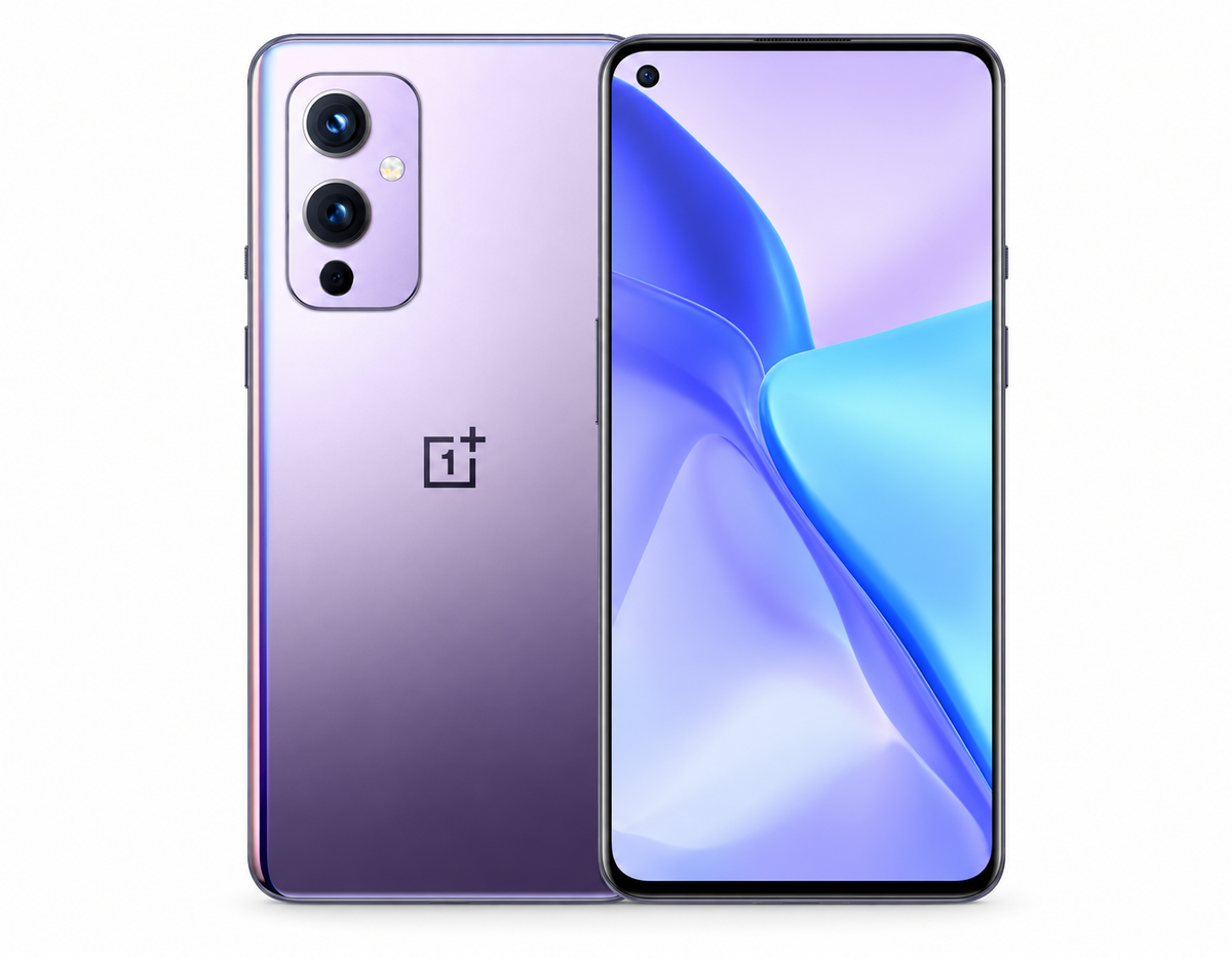 OnePlus 9 5G smartphone in Winter Mist Purple, front display and rear camera array shown.