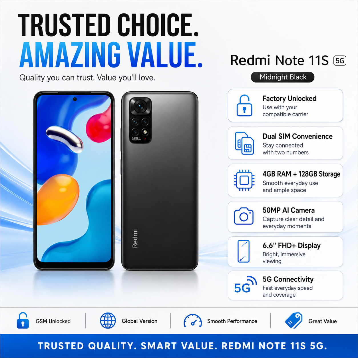 Xiaomi Redmi Note 11S 5G 128GB ROM 4GB RAM Dual SIM GSM Unlocked - Midnight Black