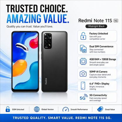 Xiaomi Redmi Note 11S 5G 128GB ROM 4GB RAM Dual SIM GSM Unlocked - Midnight Black