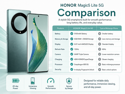 Green Honor Magic5 Lite 5G smartphone with dual-screen display and circular rear camera