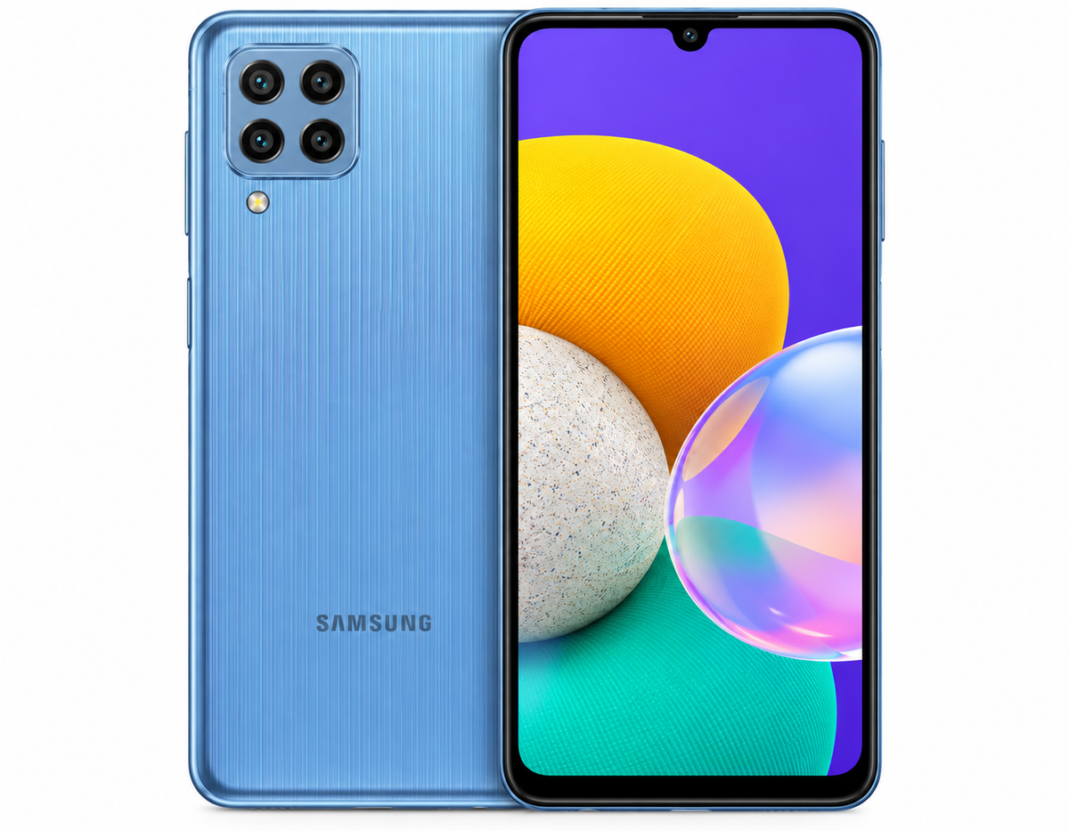 Samsung Galaxy M32 Blue Samsung smartphone showing front display and back with quad camera layout