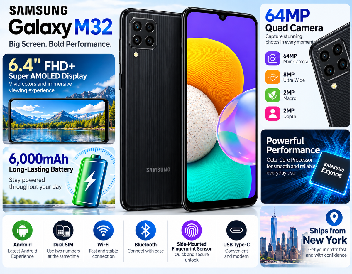 Samsung Galaxy M32 Black Samsung smartphone front and back view with quad rear camera array