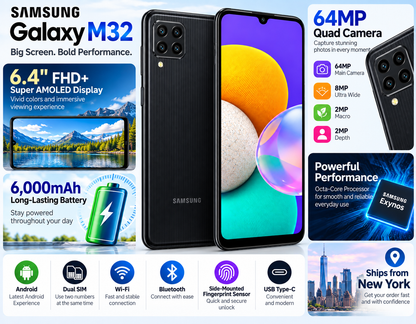 Samsung Galaxy M32 Black Samsung smartphone front and back view with quad rear camera array