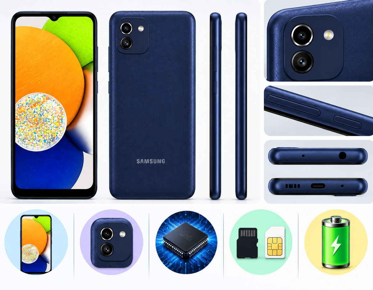 Samsung Galaxy A03 smartphone in blue, showing front, back, and side profile views
