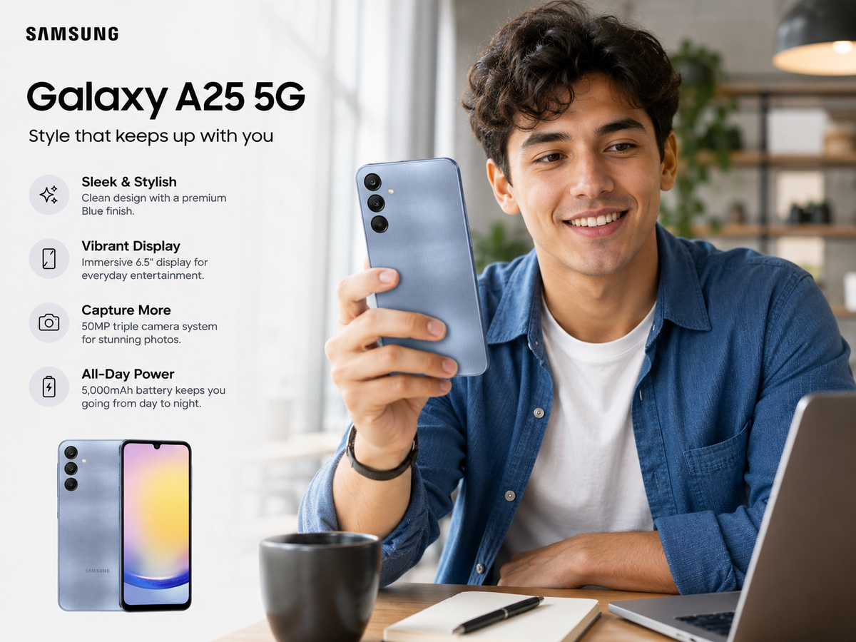 Blue Samsung Galaxy A25 5G phone in hand with dual rear cameras visible
