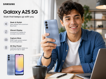 Blue Samsung Galaxy A25 5G phone in hand with dual rear cameras visible
