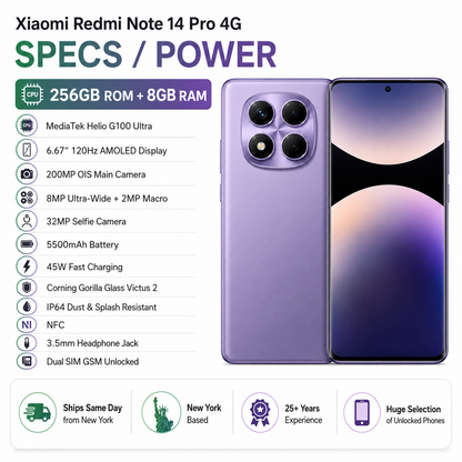 Xiaomi Redmi Note 14 Pro 4G 256GB ROM 8GB RAM Dual SIM GSM Unlocked - Aurora Purple