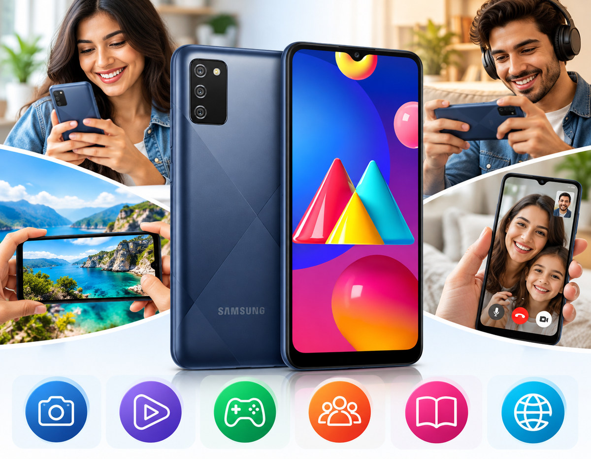 Samsung Galaxy M02s Blue Samsung smartphone held by people, front display and rear camera visible