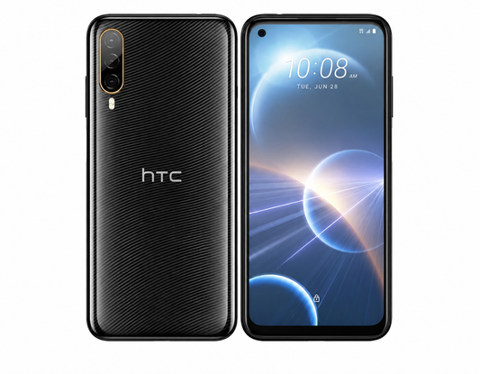 HTC Desire 22 Pro 5G smartphone, black, straight front and back view