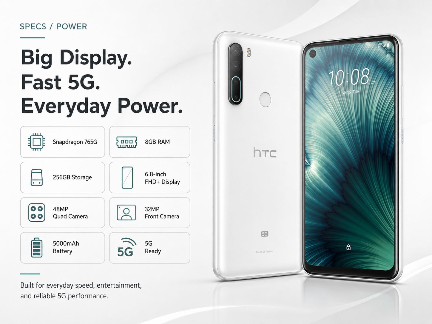 White HTC U20 5G smartphone with dual rear cameras and front display