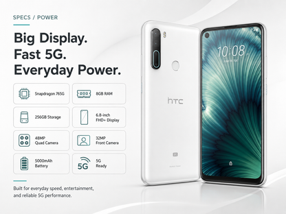 White HTC U20 5G smartphone with dual rear cameras and front display