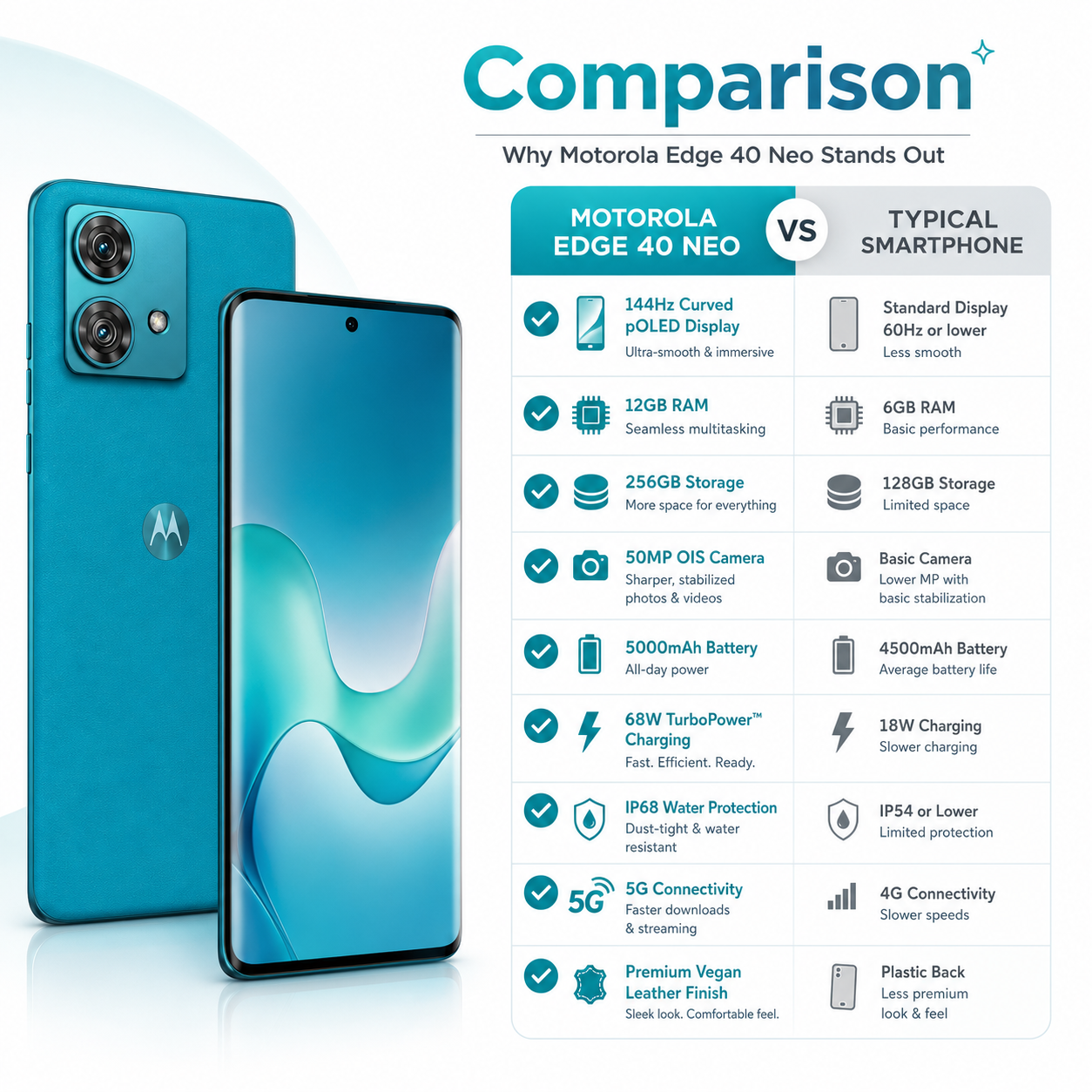 Two Motorola Edge 40 Neo smartphones side by side in teal, curved screens and dual cameras