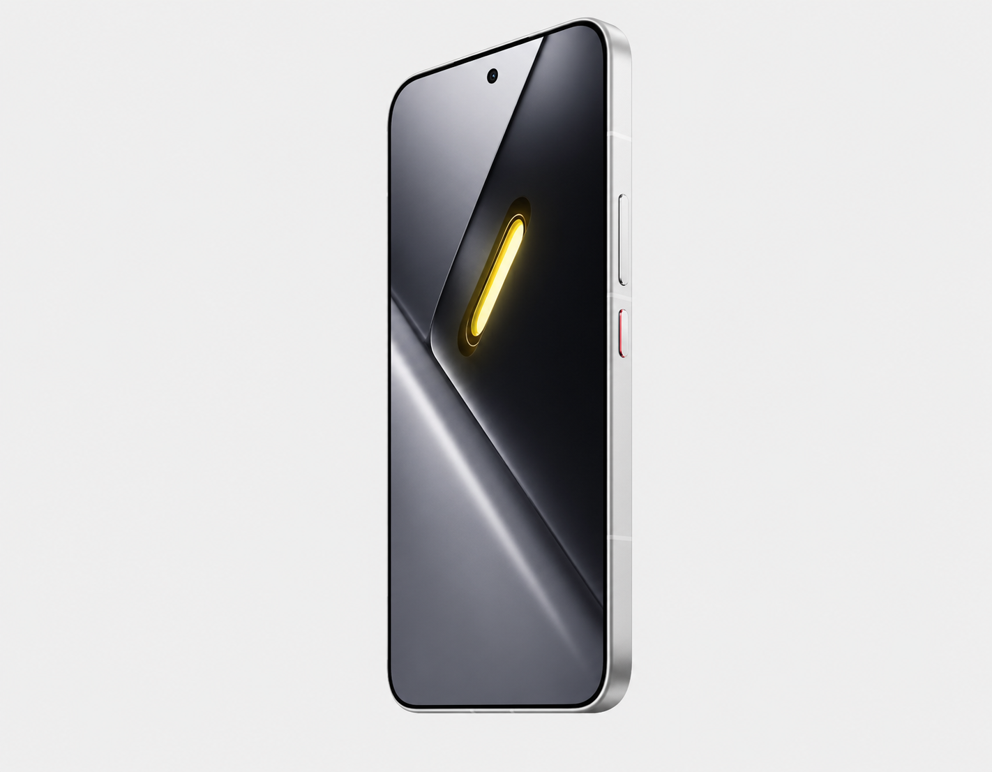 Xiaomi Poco X8 PRO MAX 5G White POCO smartphone angled view showing curved edge and glowing front display light