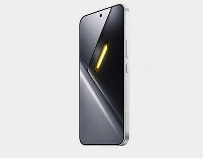 Xiaomi Poco X8 PRO MAX 5G White POCO smartphone angled view showing curved edge and glowing front display light