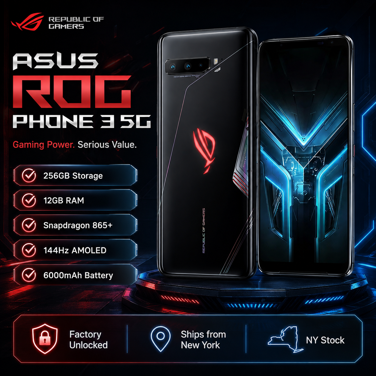 Black ASUS ROG Phone 3 smartphone with blue-lit front screen and red ROG logo on back