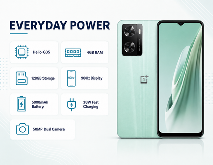 OnePlus Nord N20 SE Mint smartphone back and front shown with dual rear camera module