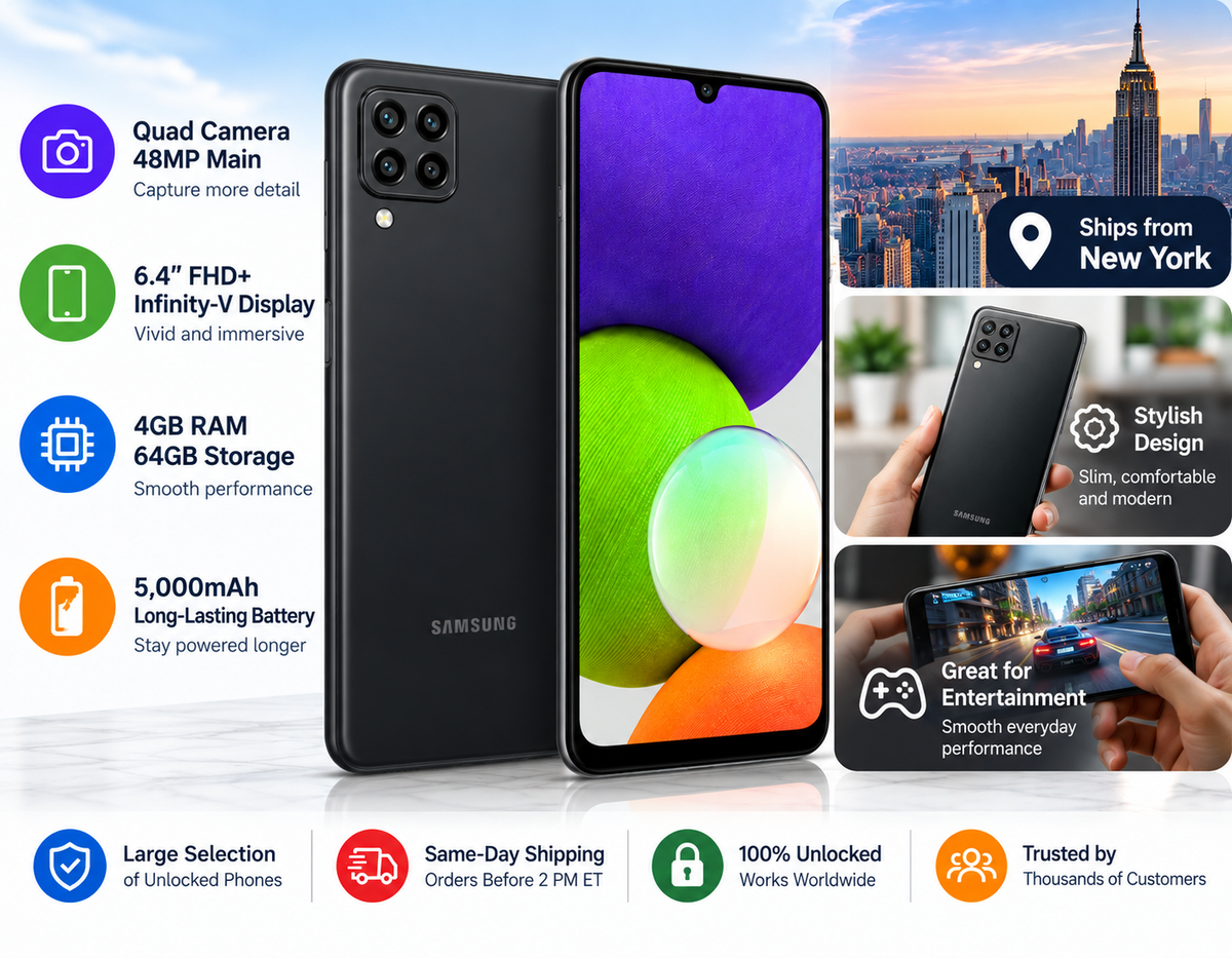 Samsung Galaxy A22 4G Black Samsung smartphone showing front purple display and rear quad camera module