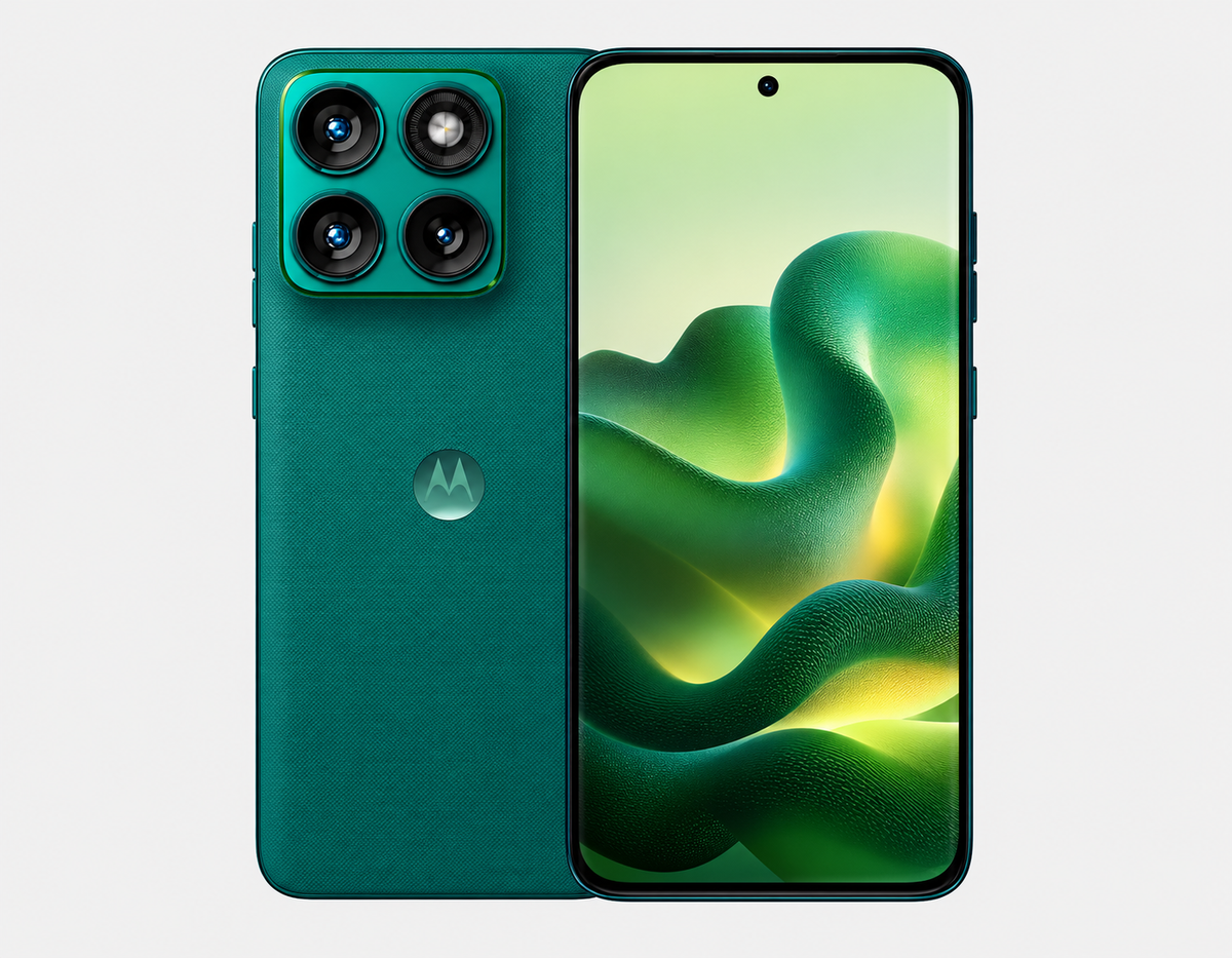 Motorola Moto Edge 70 Fusion 5G Green Motorola smartphone with quad camera array and textured rear panel, front visible