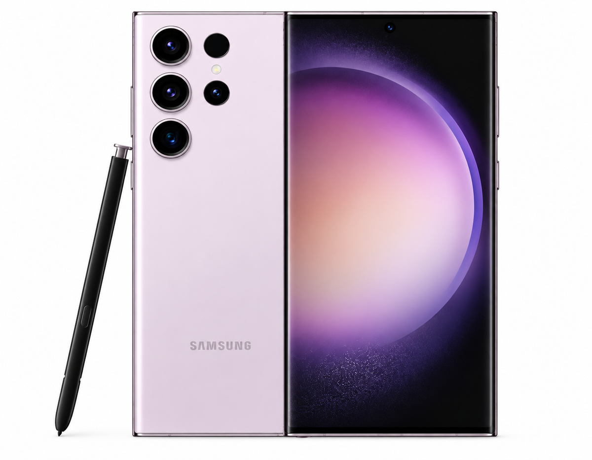 Lavender Samsung Galaxy S23 Ultra smartphone, triple rear cameras and S Pen