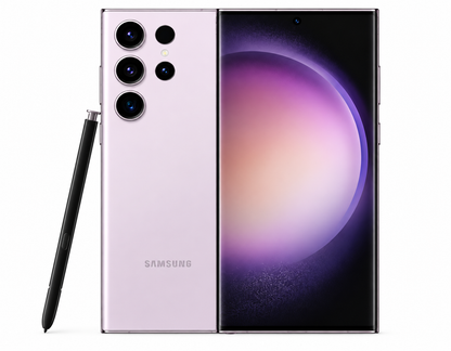 Lavender Samsung Galaxy S23 Ultra smartphone, triple rear cameras and S Pen