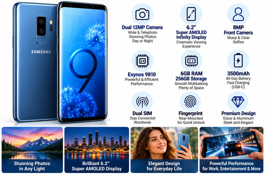 Blue Samsung Galaxy S9+ smartphone with front and back views