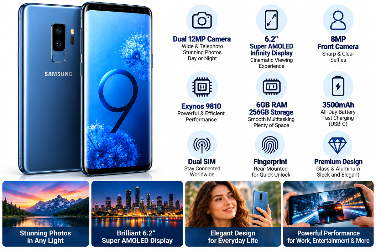 Blue Samsung Galaxy S9+ smartphone with front and back views