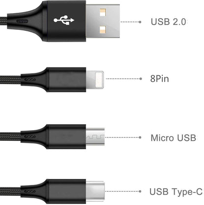 3-in-1 Short Charging Cable for iPhone, USB-C & Micro-USB – 8-Inch Keychain Cord