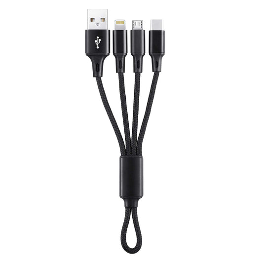 3-in-1 keychain charging cable with black braided cord and three plug ends