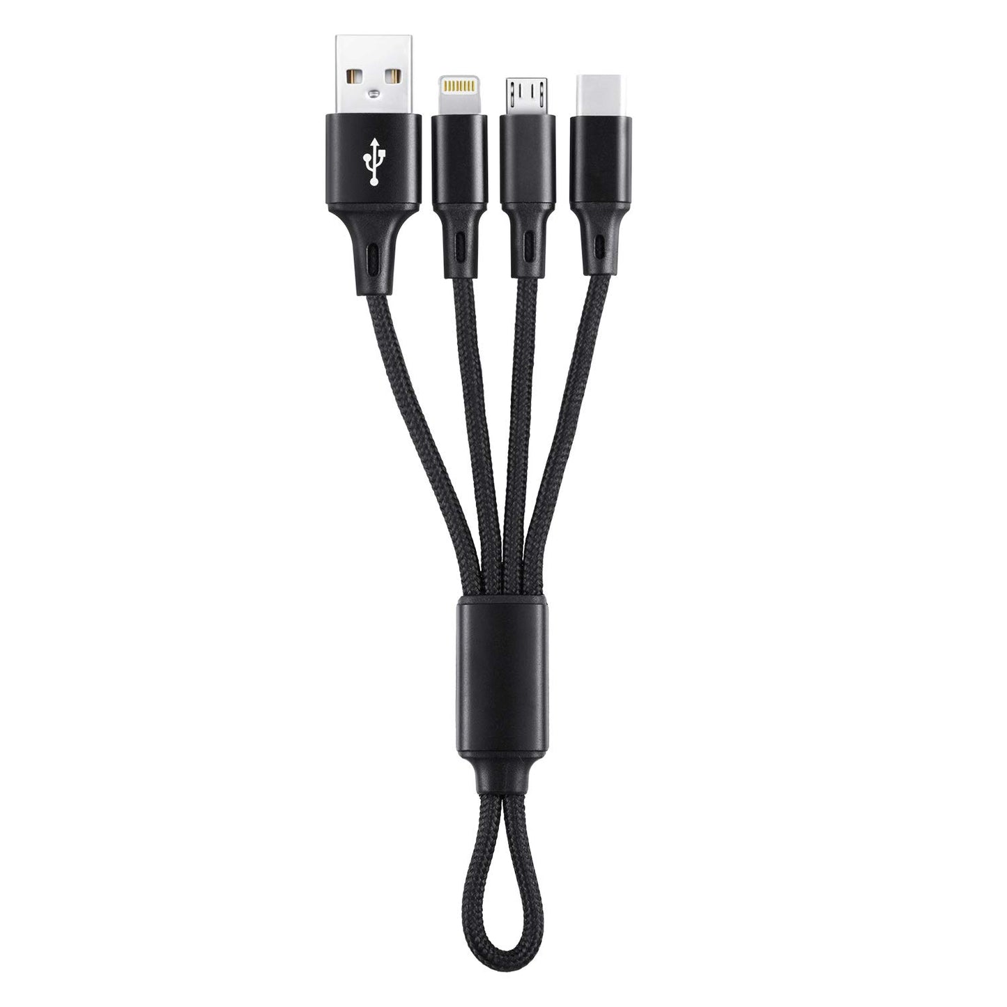 3-in-1 Short Charging Cable for iPhone, USB-C & Micro-USB – 8-Inch Keychain Cord