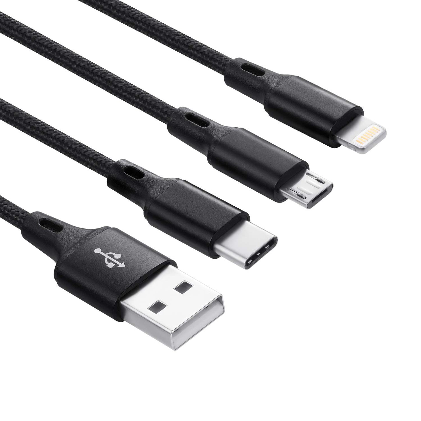 3-in-1 Short Charging Cable for iPhone, USB-C & Micro-USB – 8-Inch Keychain Cord