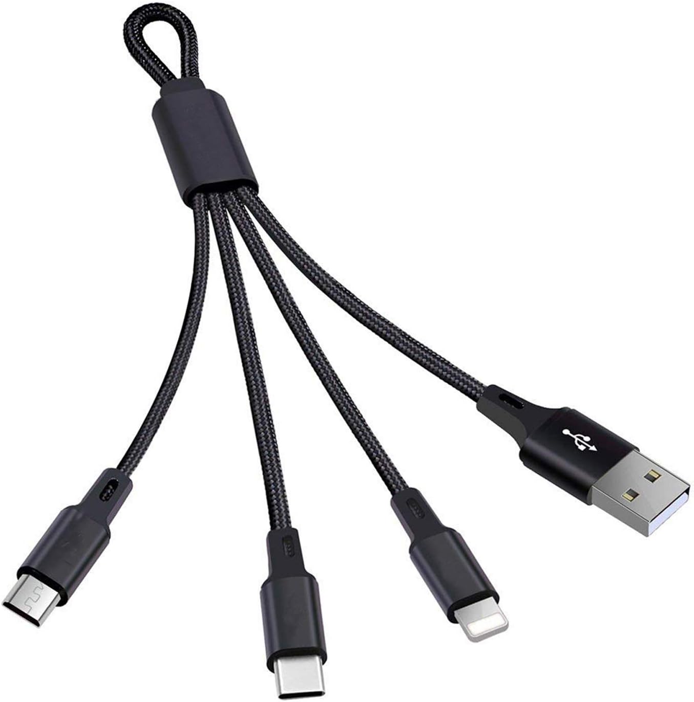 3-in-1 Short Charging Cable for iPhone, USB-C & Micro-USB – 8-Inch Keychain Cord