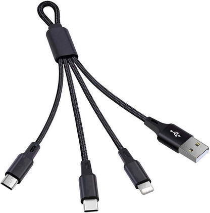 3-in-1 Short Charging Cable for iPhone, USB-C & Micro-USB – 8-Inch Keychain Cord