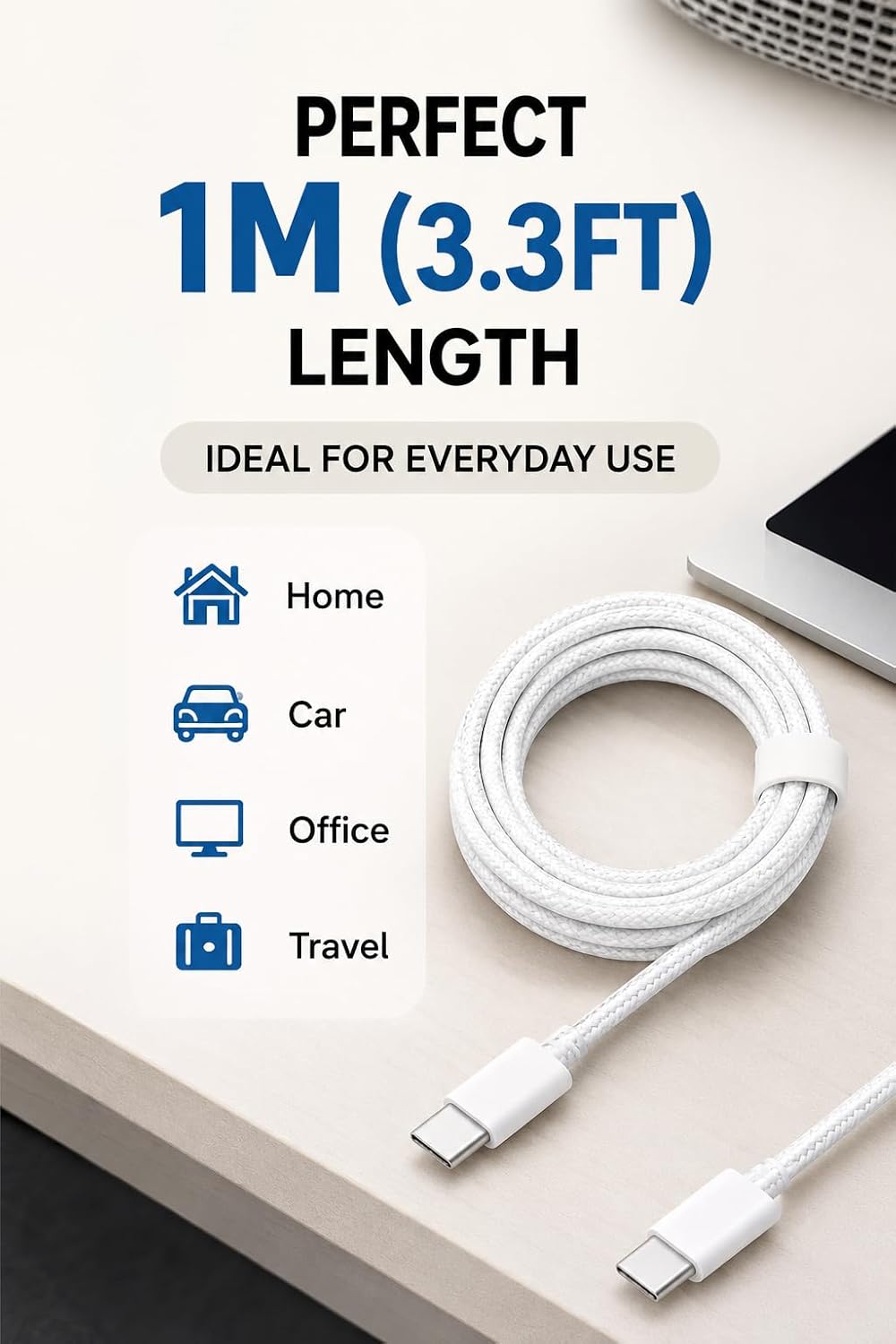 USB-C to USB-C Cable 3FT – 60W Braided Fast Charging Cord for iPhone 17/16/15, iPad Pro & USB-C Devices