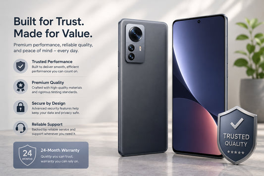 Gray Xiaomi 12 5G smartphone, rear triple-camera and front screen with shield icon