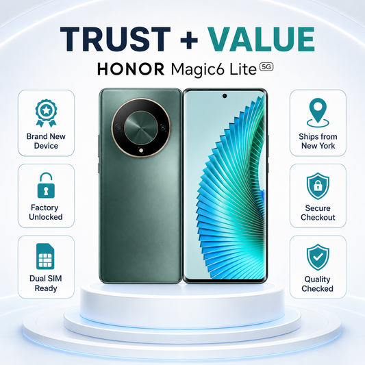 Green dual-camera smartphone with front display on a rotating pedestal