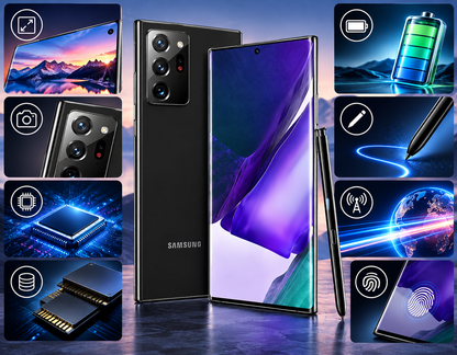 Samsung Galaxy Note20 Ultra  Smartphone with S Pen centered, feature icons surrounding the device
