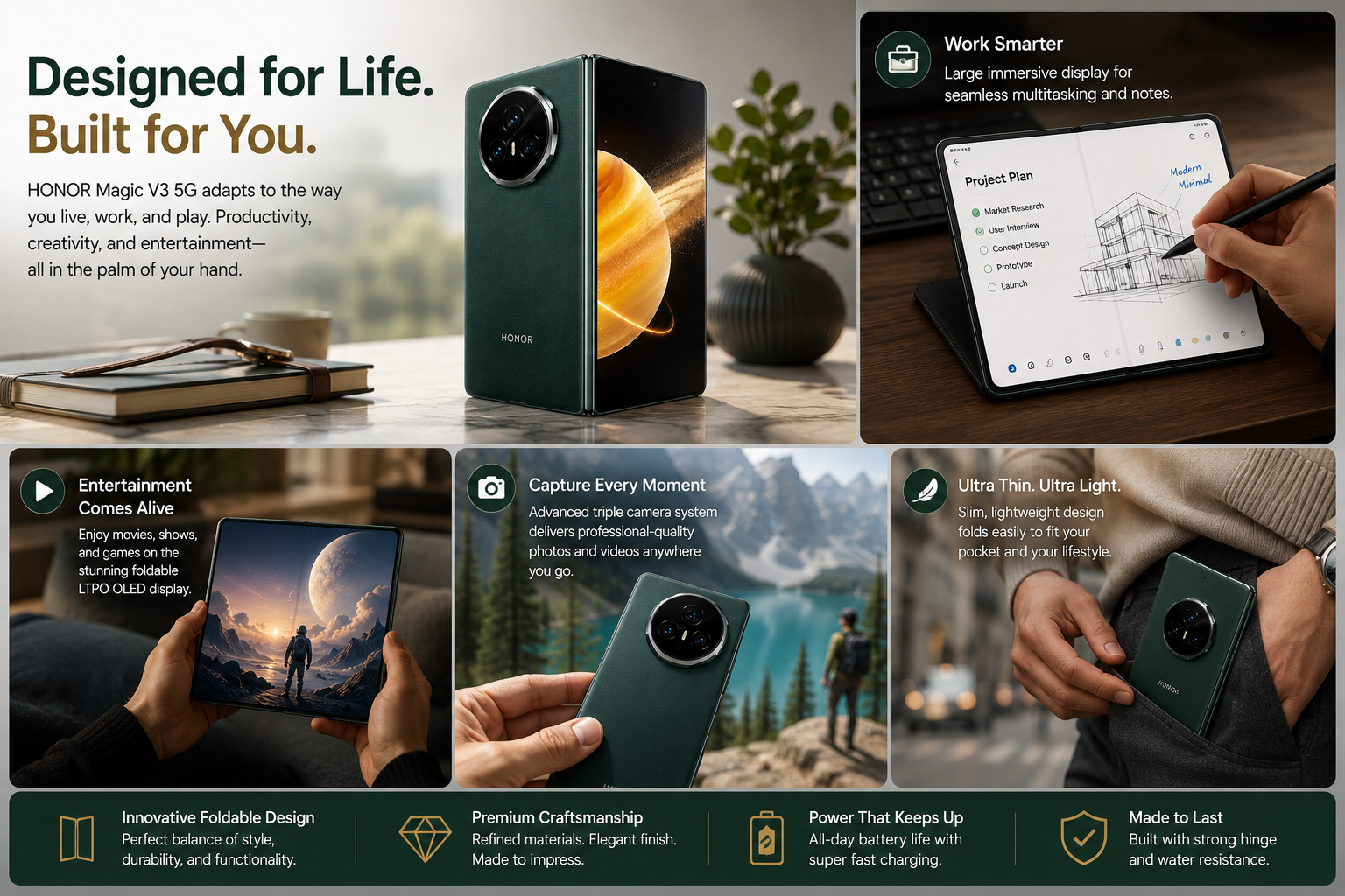 Green foldable smartphone standing open with rear camera module visible