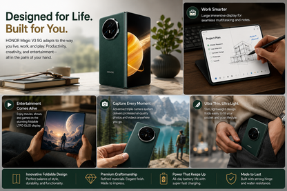 Green foldable smartphone standing open with rear camera module visible
