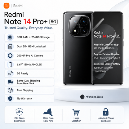 Xiaomi Redmi Note 14 Pro Plus 5G 256GB ROM 8GB RAM Dual SIM GSM Unlocked - Midnight Black