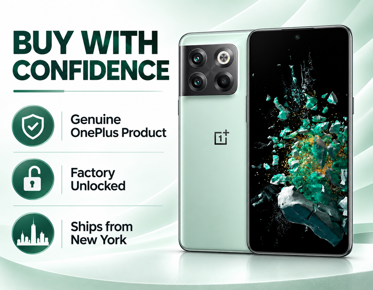 OnePlus Ace Pro 10T Green OnePlus smartphone front and back view, triple-camera rear