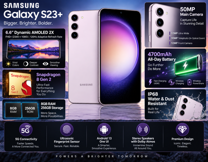 Lavender Samsung Galaxy S23+ smartphone, front view with 50MP camera and 4700mAh battery