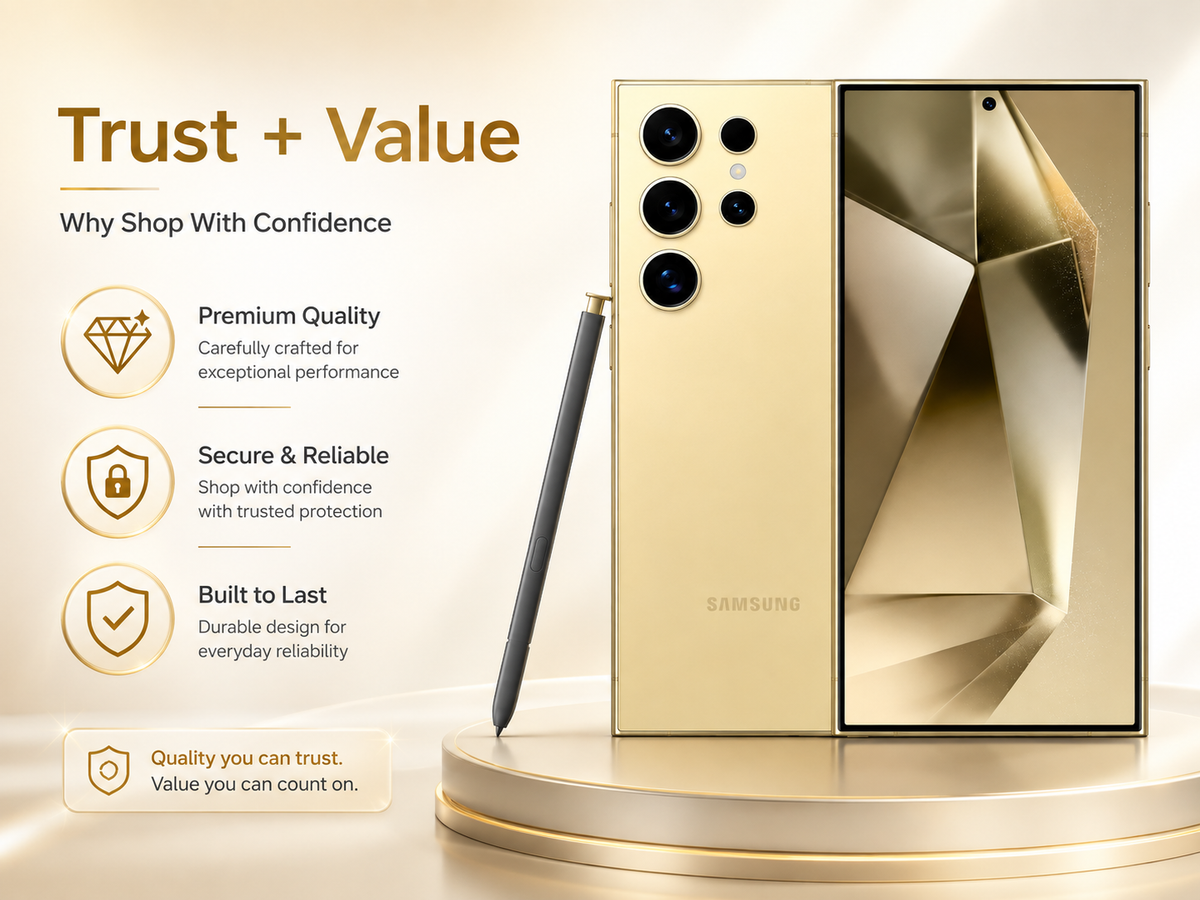 Samsung Galaxy S24 Ultra Titanium Yellow smartphone with S Pen, showing front display and back cameras.